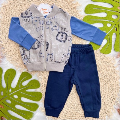 Conj. Colete, Blusa Manga Longa Tiger e Calça de Moletom - Cinza e Azul Jeans